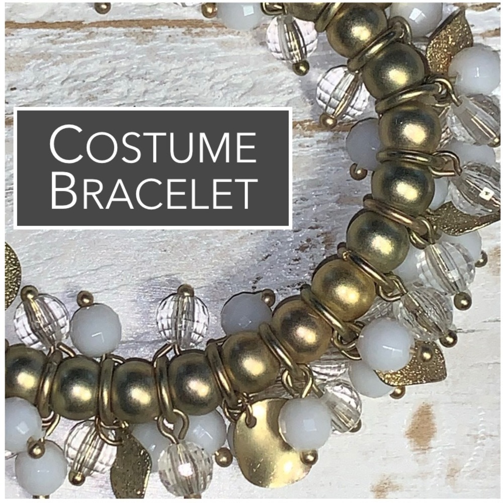 Costume Beaded Stretch Bracelet Gold, Clear & White, Leaf-Shaped‎ & Wavy Charms